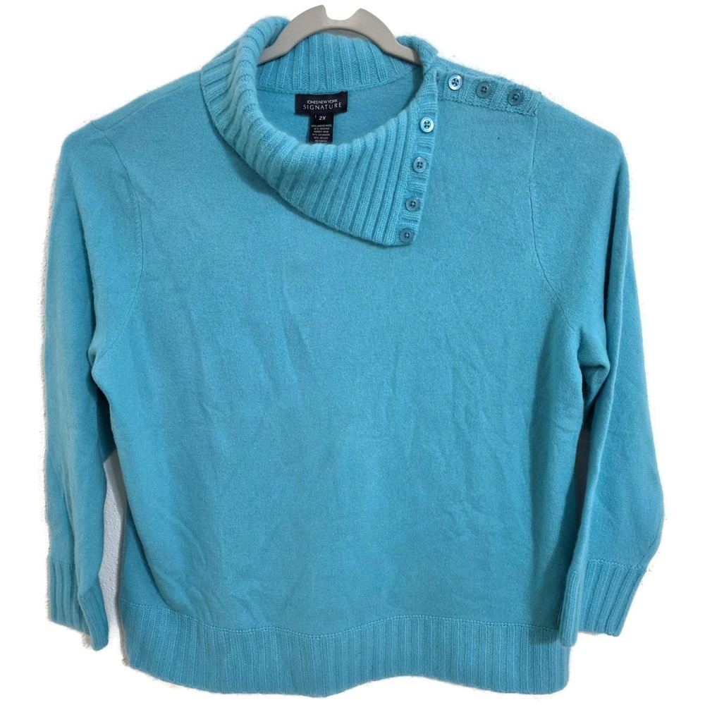 Merino Wool Angora Rabbit Hair Cashmere Sweater Blue Cowl Neck Pullover women 2x